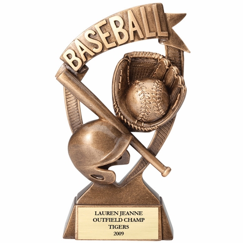 7" BASEBALL BANNER TROPHY ANTIQUE GOLD RESIN FINISH MATTE GOLD