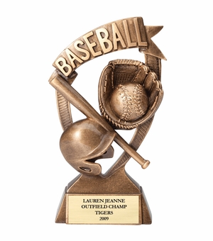 7" BASEBALL BANNER TROPHY ANTIQUE GOLD RESIN FINISH MATTE GOLD