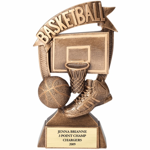 7" BASKETBALL BANNER TROPHY ANTIQUE GOLD RESIN FINISH MATTE GOLD
