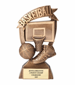 7" BASKETBALL BANNER TROPHY ANTIQUE GOLD RESIN FINISH MATTE GOLD