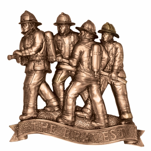 7" FIRE FIGHTERS WITH HOSE ANTIQUE BRASS DIE CAST PLAQUE MOUNT