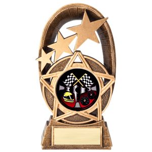 7" GOLD STAR RESIN AUTO RACER TROPHY FULL COLOR INSERT