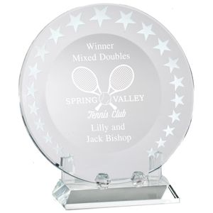 7 INCH DIAMETER OPTICAL CRYSTAL ROUND PLATE TROPHY ON CRYSTAL BASE