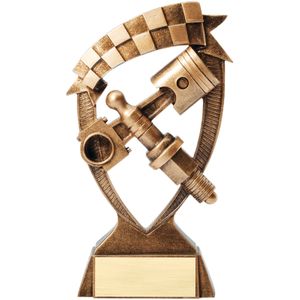 7 INCH ANTIQUE GOLD BANNER AUTO RACING RESIN TROPHY PISTON AND SPARKPLUG