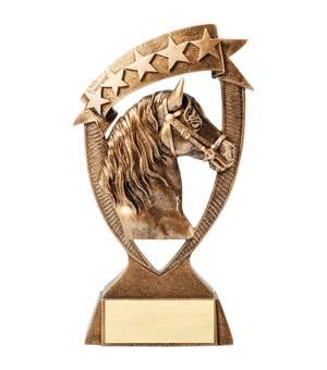 7 INCH ANTIQUE GOLD HORSE WITH STAR RESIN TROPHY