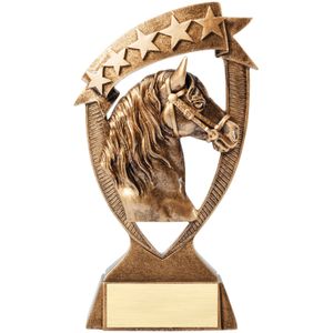7 INCH ANTIQUE GOLD HORSE WITH STAR RESIN TROPHY
