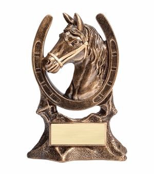 7 INCH ANTIQUE GOLD RESIN HORSE HEAD AND SHOE TROPHY