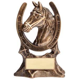 7 INCH ANTIQUE GOLD RESIN HORSE HEAD AND SHOE TROPHY