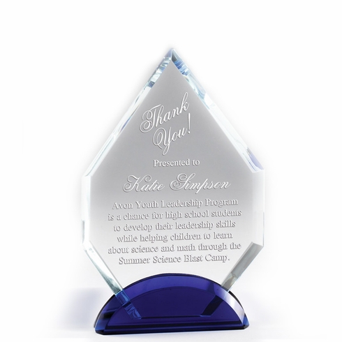 7 INCH ARROWHEAD CRYSTAL AWARD WITH DOUBLE BLUE BASE 