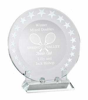 7 INCH DIAMETER OPTICAL CRYSTAL ROUND PLATE TROPHY ON CRYSTAL BASE