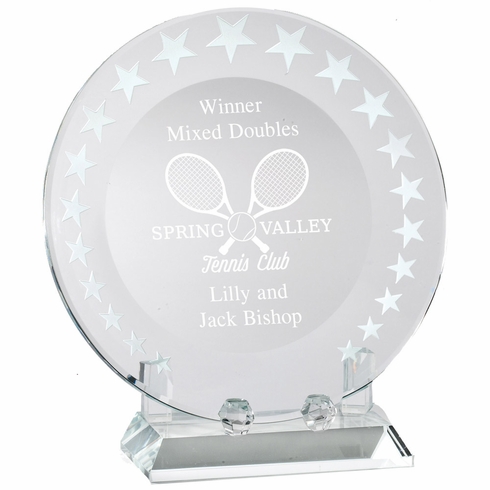 7 INCH DIAMETER OPTICAL CRYSTAL ROUND PLATE TROPHY ON CRYSTAL BASE