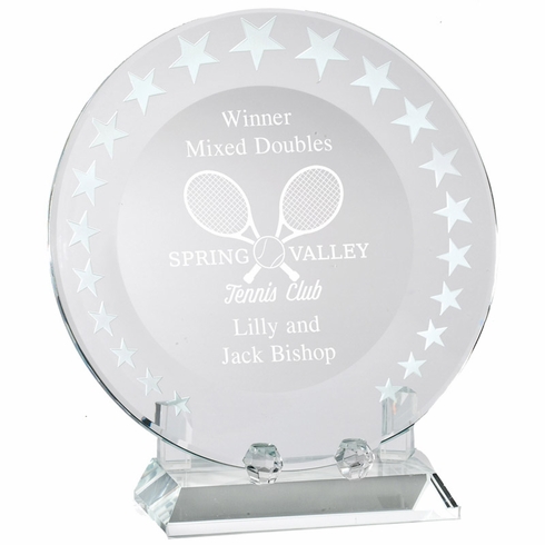 7 INCH DIAMETER OPTICAL CRYSTAL ROUND PLATE TROPHY ON CRYSTAL BASE