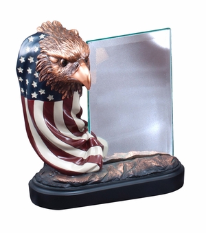 7 INCH ELECTROPLATED BRONZE EAGLE DRAPED FULL COLOR AMERICAN FLAG WITH 4 X 6 INCH GLASS TROPHY