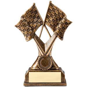 7" RACING CROSS CHECKERED FLAGS ANTIQUE GOLD RESIN FINISH