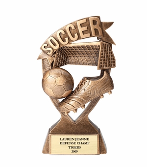 7" SOCCER BANNER TROPHY ANTIQUE GOLD RESIN FINISH MATTE GOLD