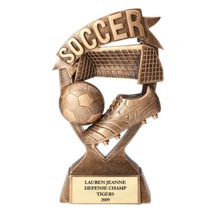 7" SOCCER BANNER TROPHY ANTIQUE GOLD RESIN FINISH MATTE GOLD