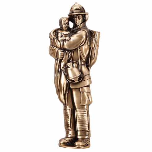 7" x 2-1/2" FIREMAN WITH CHILD ANTIQUE BRASS DIE CAST PLAQUE MOUNT