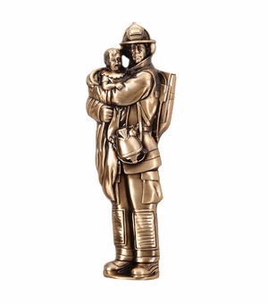 7" x 2-1/2" FIREMAN WITH CHILD ANTIQUE BRASS DIE CAST PLAQUE MOUNT