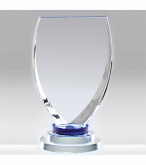 7 X 3-1/2 INCH OPTICAL CRYSTAL SHIELD AWARD WITH 3 RINGS BASE BLUE TINT