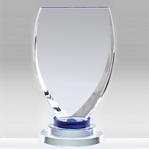 7 X 3-1/2 INCH OPTICAL CRYSTAL SHIELD AWARD WITH 3 RINGS BASE BLUE TINT