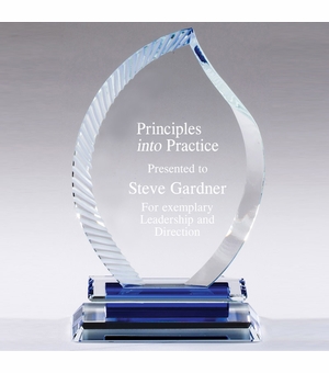 7 X 4-1/2 INCH OPTICAL CRYSTAL FLAME AWARD WITH SERRATED EDGE BLUE BASE.