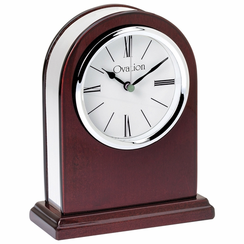 7 x 5-1/2 INCH ROSEWOOD PIANO FINISH OVAL QUARTZ DESK CLOCK WITH SILVER ACCENTS