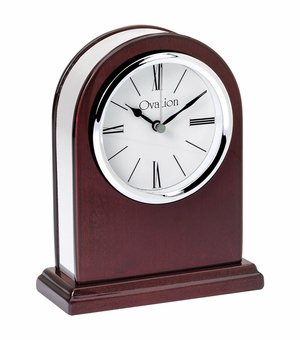 7 x 5-1/2 INCH ROSEWOOD PIANO FINISH OVAL QUARTZ DESK CLOCK WITH SILVER ACCENTS