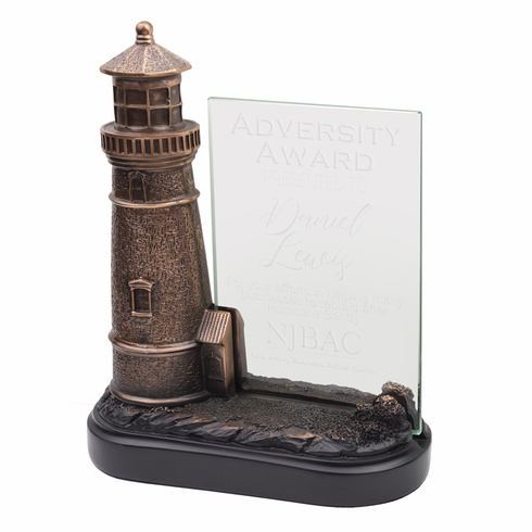 7 X 5 INCH ANTIQUED BRONZE ELECTROPLATED LIGHT HOUSE WITH GLASS INSERT AWARD