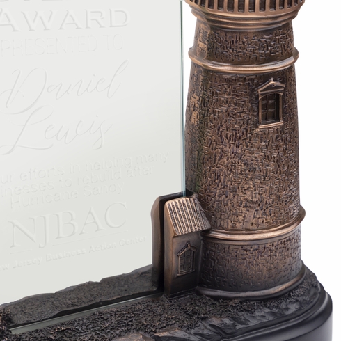 7 X 5 INCH ANTIQUED BRONZE ELECTROPLATED LIGHT HOUSE WITH GLASS INSERT AWARD
