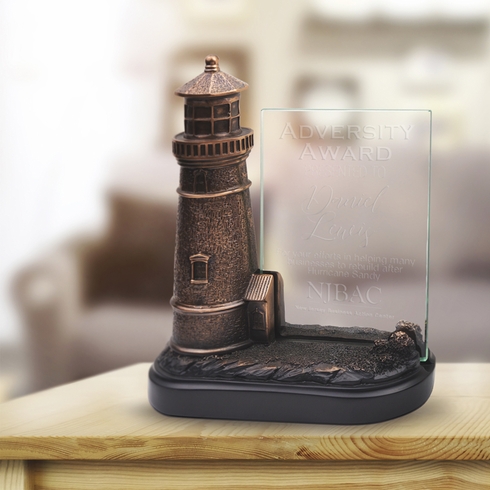 7 X 5 INCH ANTIQUED BRONZE ELECTROPLATED LIGHT HOUSE WITH GLASS INSERT AWARD