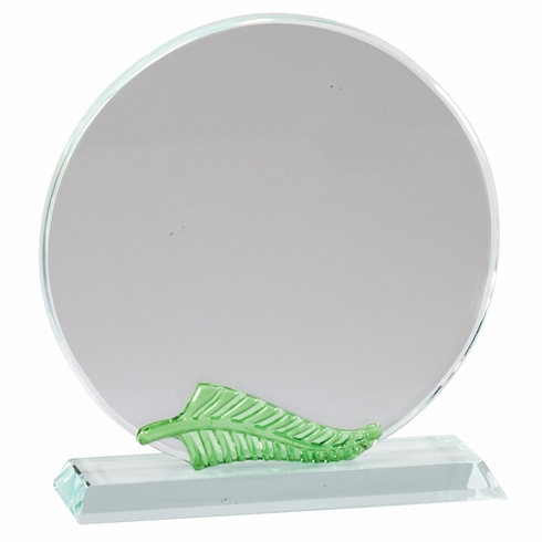 7 X 7-1/4 INCH ROUND OPTICAL CRYSTAL AWARD WITH GREEN LEAF