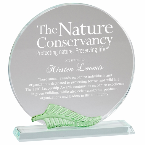 7 X 7-1/4 INCH ROUND OPTICAL CRYSTAL AWARD WITH GREEN LEAF