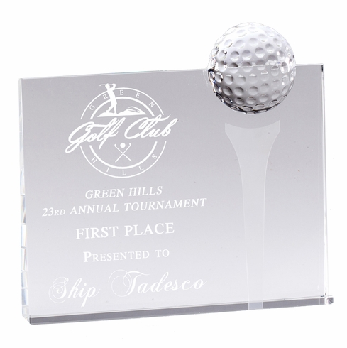 7" x 8" OPTICAL CRYSTAL GOLF BALL BOARD AWARD WITH GOLF TEE