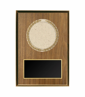 7 X 9 INCH WALNUT PLAQUE WITH CAST STONE RESIN LAUREL WREATH MOUNT