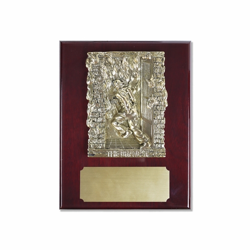 7 x 9 Piano Finish Rosewood Firefighter Plaque With Electroplated Brass Casting and Matte Gold Engraving Plate