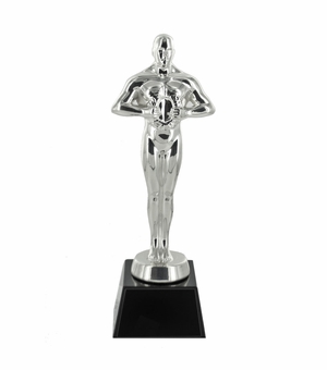 8 1/2 INCH ACHIEVEMENT FIGURE TROPHY BRIGHT SILVER METAL ON OPTICAL CRYSTAL BLACK BASE WITH SILVER ENGRAVING PLATE