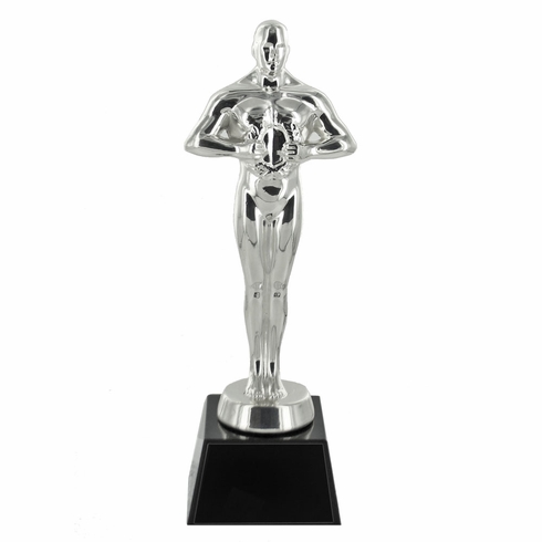 8 1/2 INCH ACHIEVEMENT FIGURE TROPHY BRIGHT SILVER METAL ON OPTICAL CRYSTAL BLACK BASE WITH SILVER ENGRAVING PLATE