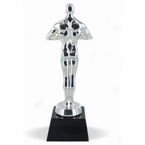 8 1/2 INCH ACHIEVEMENT FIGURE TROPHY BRIGHT SILVER METAL ON OPTICAL CRYSTAL BLACK BASE WITH SILVER ENGRAVING PLATE