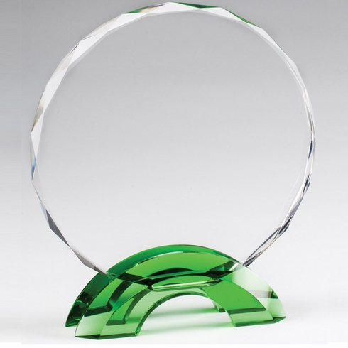 8-1/2 INCH GREEN DOUBLE ARCH BASE WITH CUT & BEVELED CRYSTAL CIRCLE AWARD