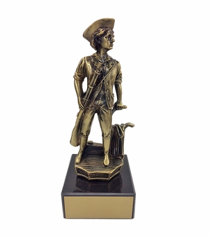 8-1/2 INCH HEIGHT MINUTEMAN ANTIQUE BRASS TROPHY ON BLACK MARBLE BASE