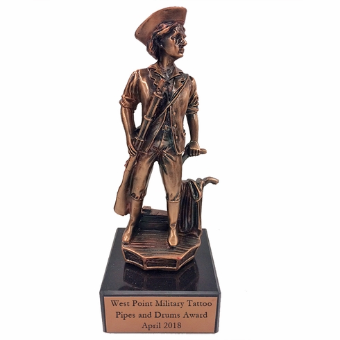 8-1/2 INCH HEIGHT MINUTEMAN ANTIQUE BRONZE TROPHY ON BLACK MARBLE BASE