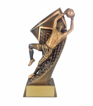 8-1/2 INCH MALE SOCCER GOALIE ANTIQUE GOLD RESIN FIGURE TROPHY