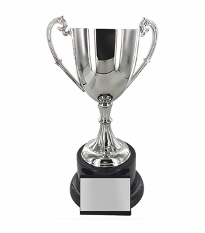 8-1/2 INCH NICKEL PLATED POLISHED SILVER TROPHY CUP ON BLACK BASE