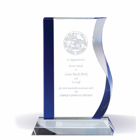 8-1/2 INCH WAVE GLASS AWARD W/ BLUE EDGES