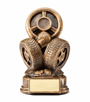 8-1/2" RESIN RACING TROPHY TIRES WITH STEERING WHEEL ANTIQUE GOLD