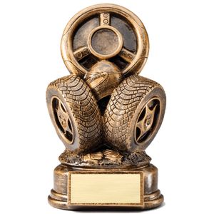 8-1/2" RESIN RACING TROPHY TIRES WITH STEERING WHEEL ANTIQUE GOLD
