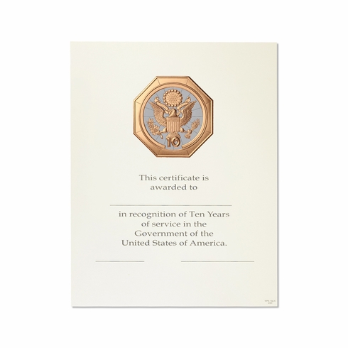 8-1/2 x 11 Inch 10 Years of Service Bronze Embossed Government Certificate