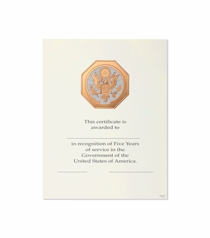 8-1/2 x 11 Inch 5 Years of Service Bronze Embossed Government Certificate