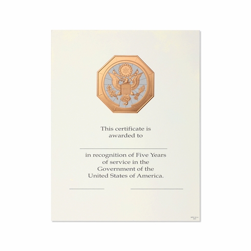 8-1/2 x 11 Inch 5 Years of Service Bronze Embossed Government Certificate