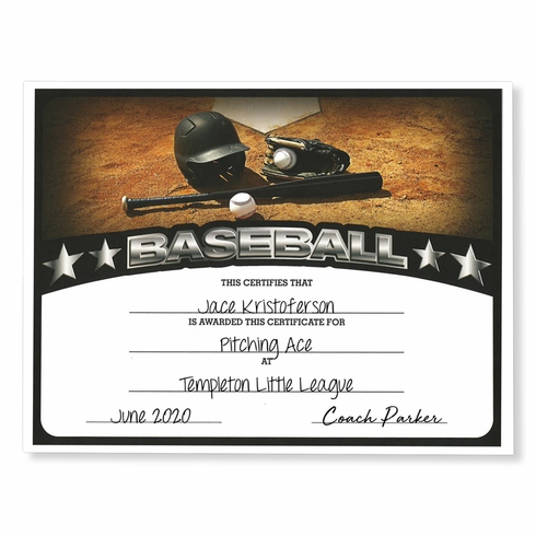 8-1/2 x 11 INCH BASEBALL CERTIFICATE